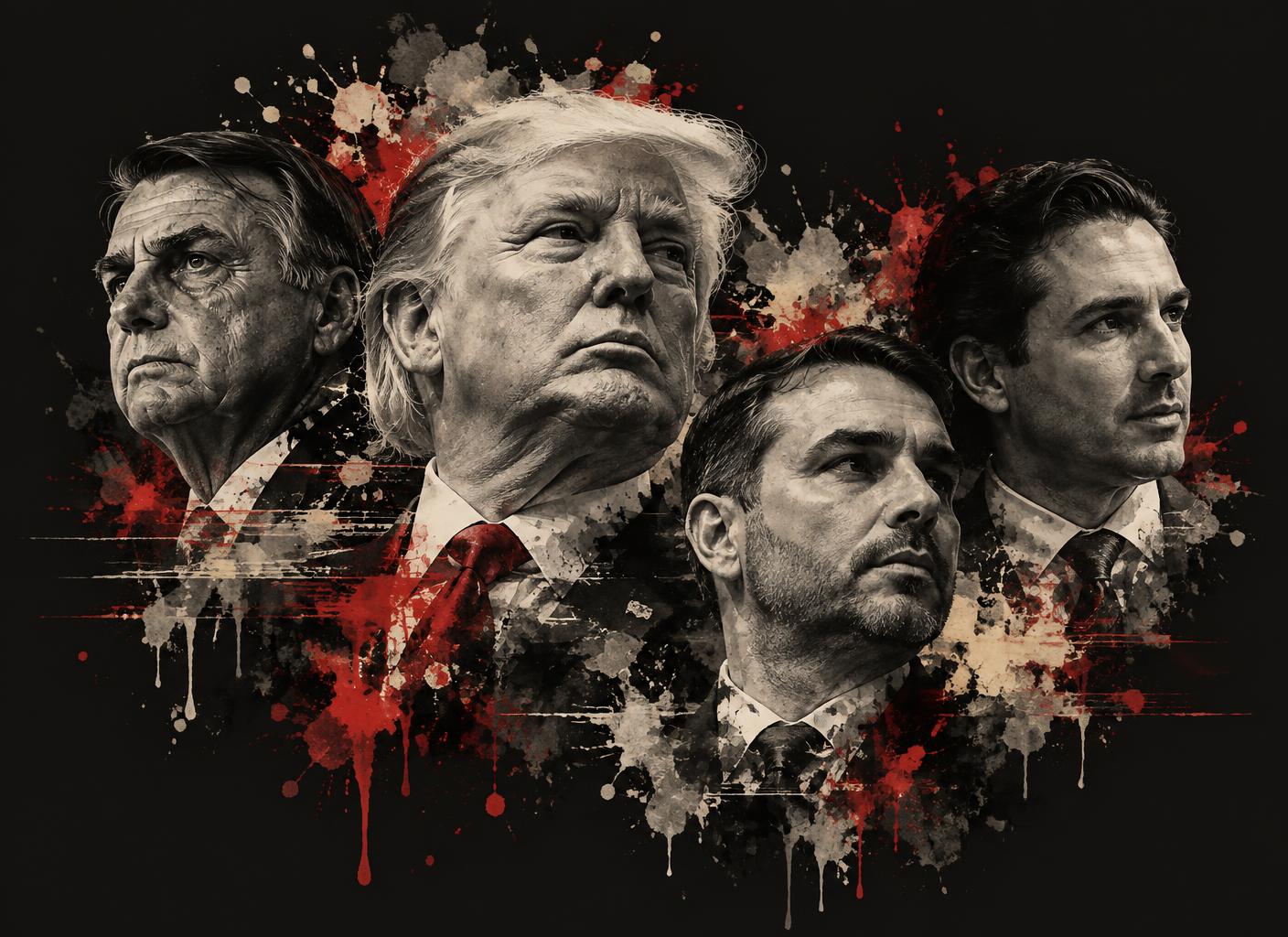 Illustration of Donald Trump, Jair Bolsonaro, Flávio Bolsonaro and Daniel Vorcaro